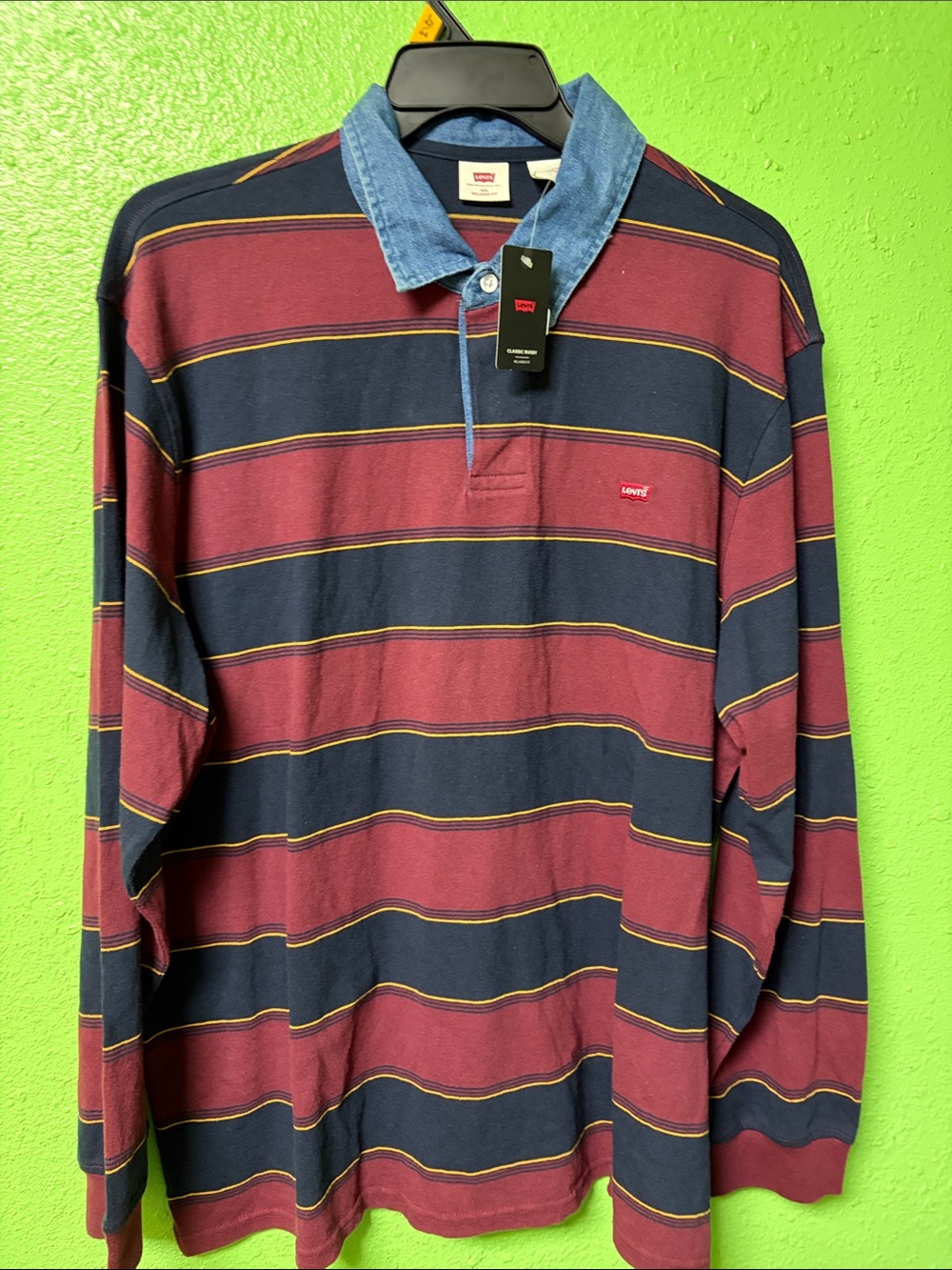 Levi's Men’s Burgundy, Navy & Yellow Striped Long-Sleeve Polo with Denim Collar